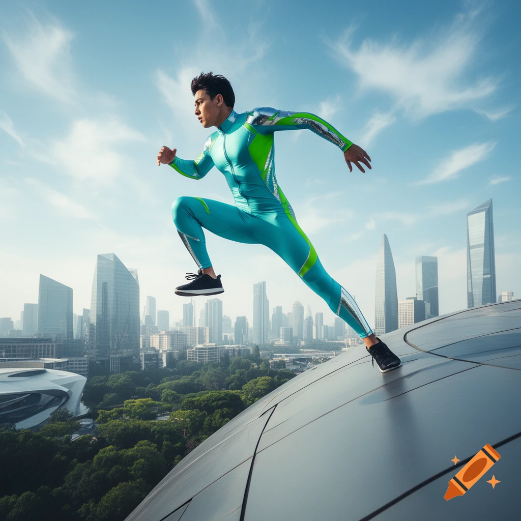 Male athlete in a teal and silver suit jumps across a futuristic rooftop with a cityscape backdrop, in a vibrant Frutiger Aero style.