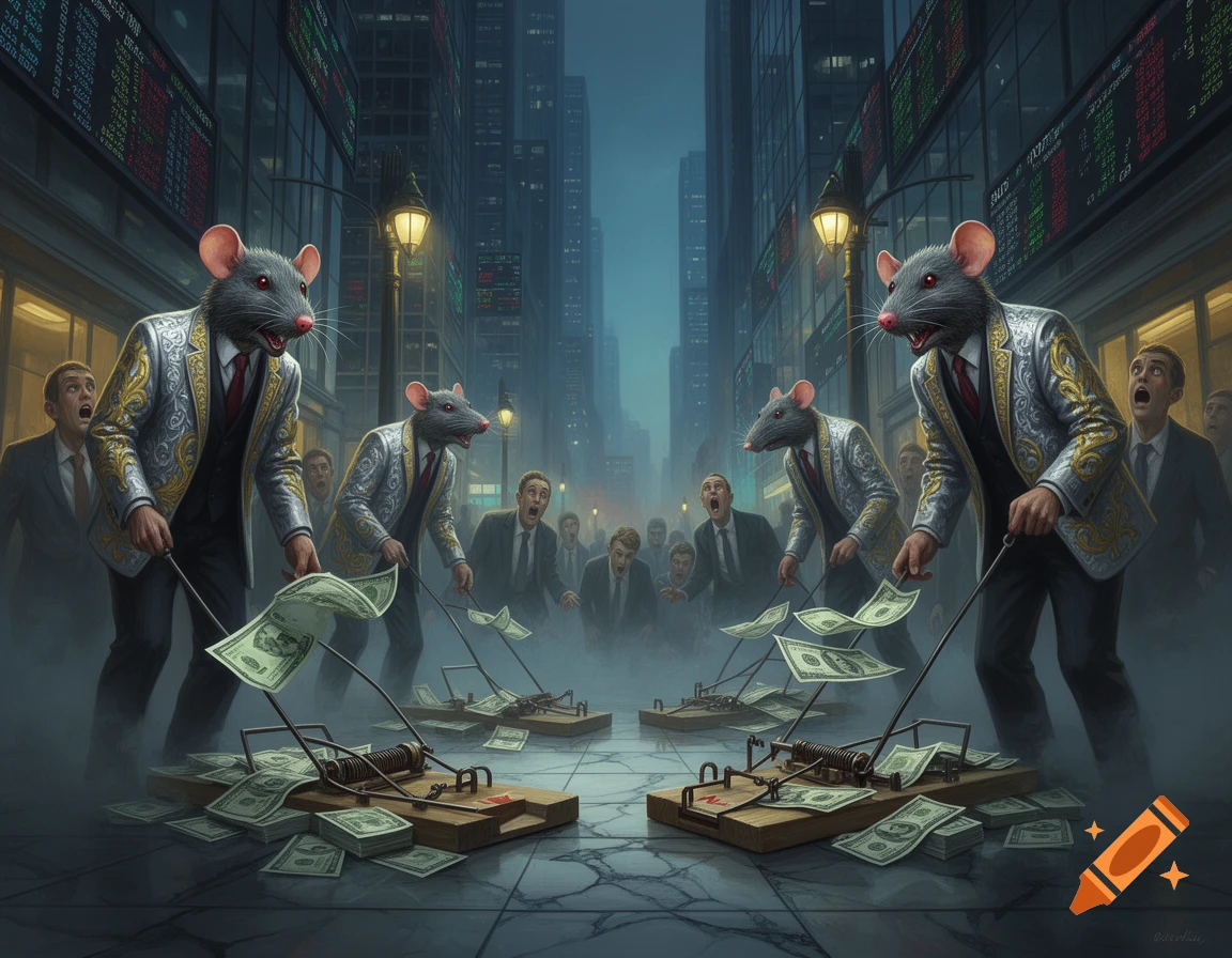 Two anthropomorphic rats in ornate suits set money-baited mouse traps on a misty city street, with panicked men in the background.