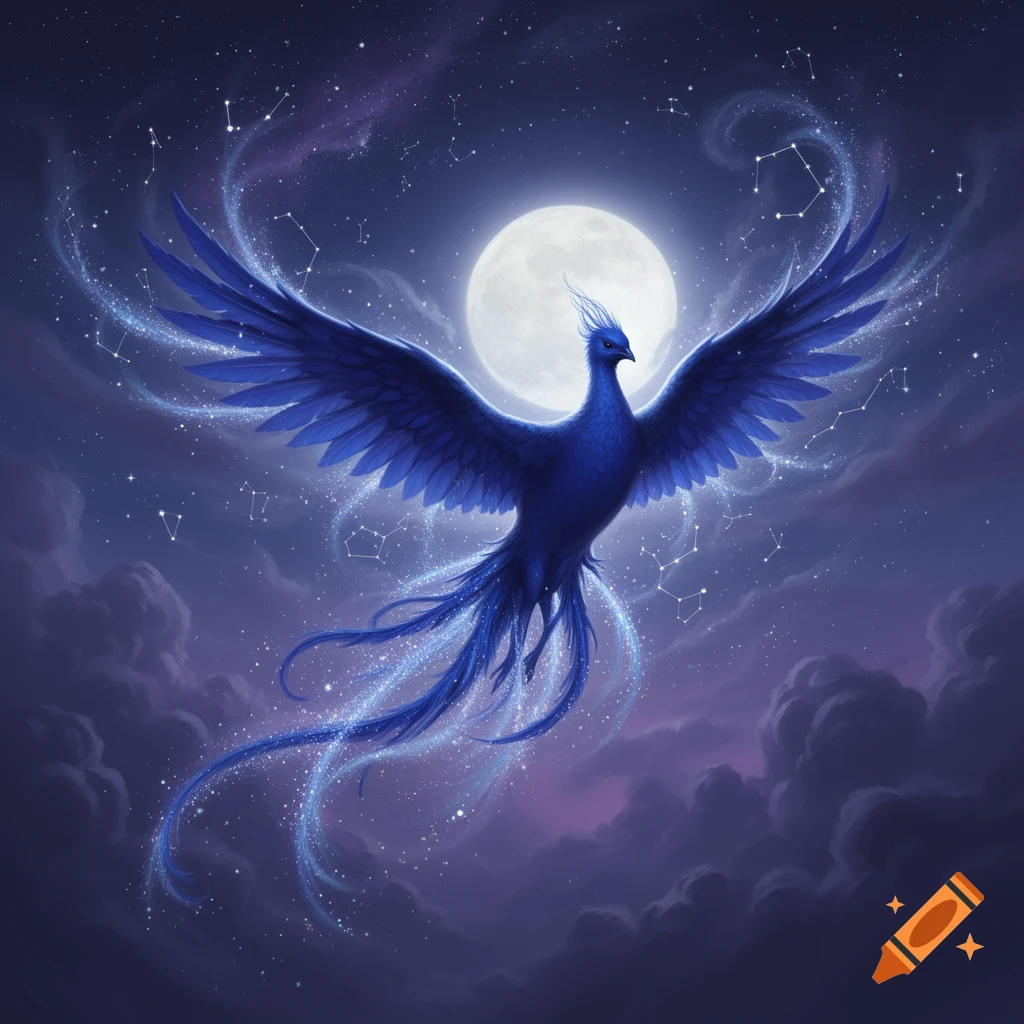 A majestic blue phoenix with glowing, starry tail feathers soars against a dark, cloudy night sky with a large full moon and visible constellations.