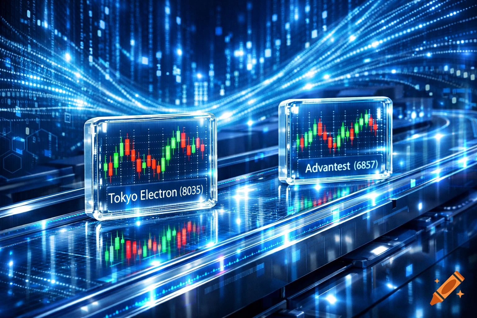 Futuristic displays show stock charts for Tokyo Electron and Advantest on glowing lines with blue data streams.