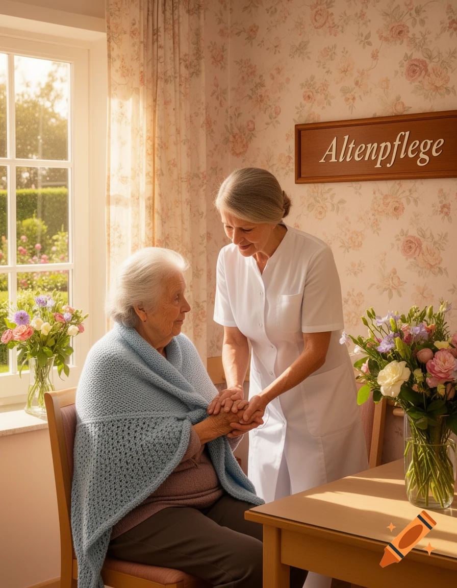 A caregiver in a white uniform gently holds the hands of an elderly woman in a blue shawl in a sunlit room. A sign "Altenpflege" hangs on the wall.