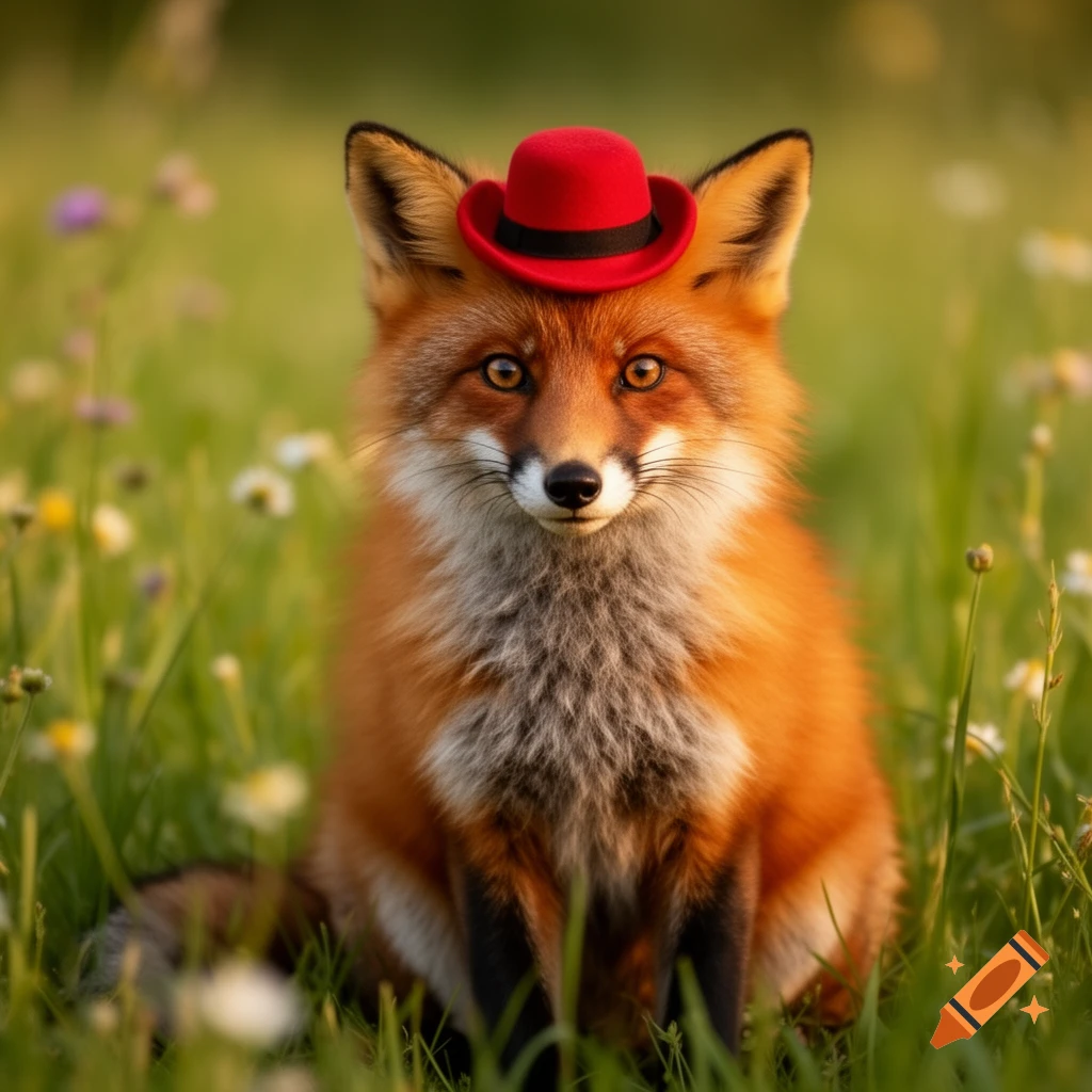 A photorealistic red fox wearing a small red hat sits in a field of ...