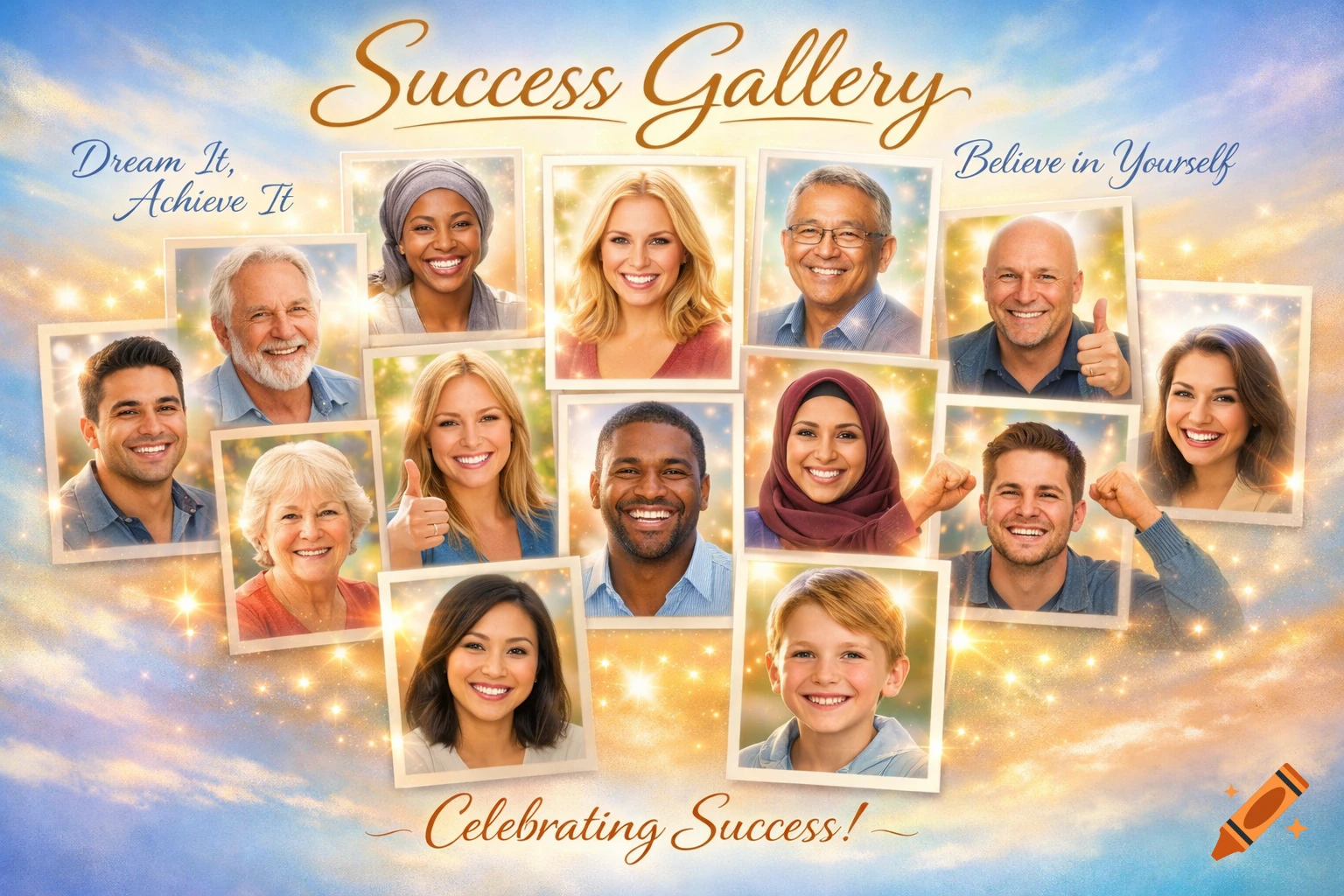 Collage of diverse, smiling people in photo frames against a sparkling sky. Texts include 'Success Gallery' and 'Celebrating Success!'