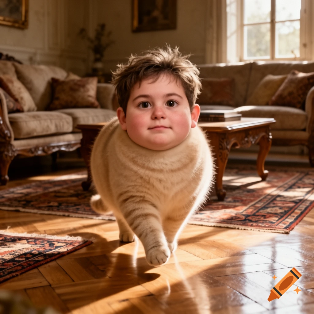 A photorealistic image of a creature with a human child's head and a fluffy tan cat's body walking on a wooden floor in a grand living room.