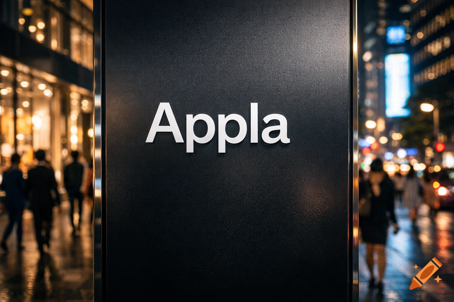 A close-up of a black sign with the white word 'Appla' in a blurred city street at night.