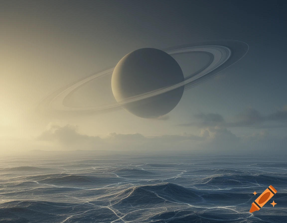 A massive ringed planet, Saturn, looms in a hazy, yellowish-blue sky above a vast, dark, wavy ocean, viewed from Titan.