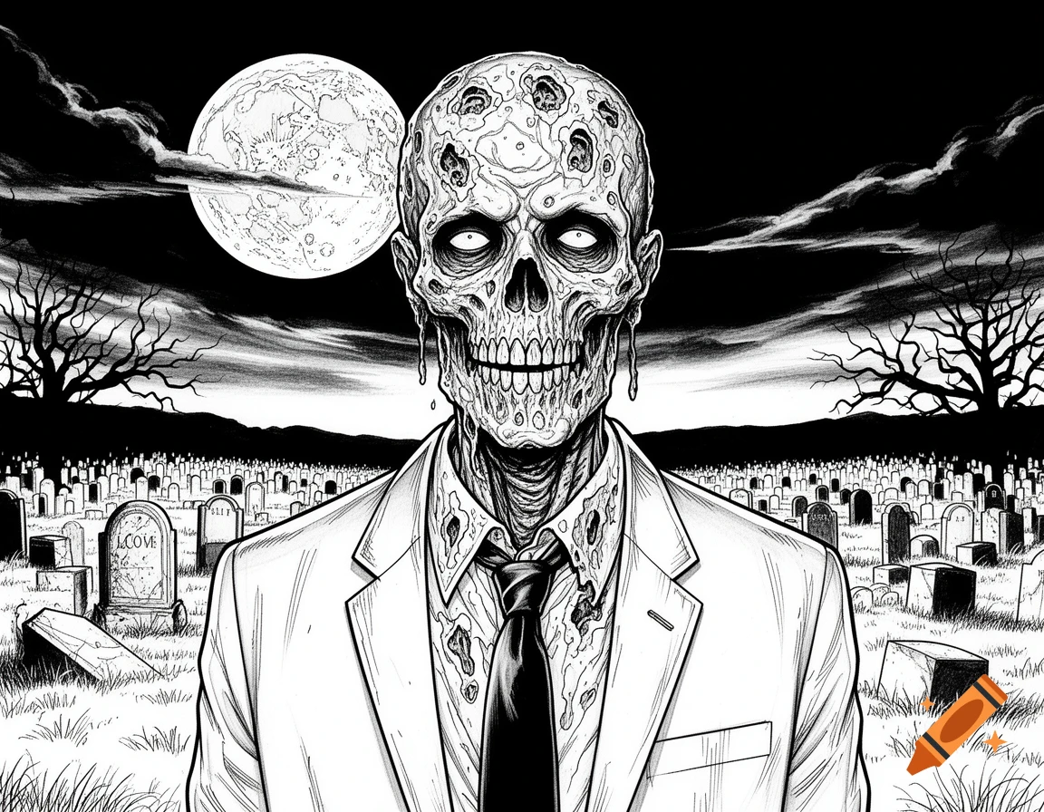 Black and white illustration of a zombie in a suit and tie standing in a moonlit graveyard.