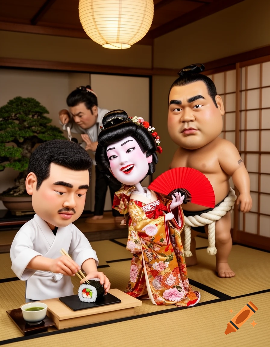 Cartoon bobblehead figures: a chef prepares sushi, a geisha holds a fan, and a sumo wrestler stands in a traditional Japanese room.