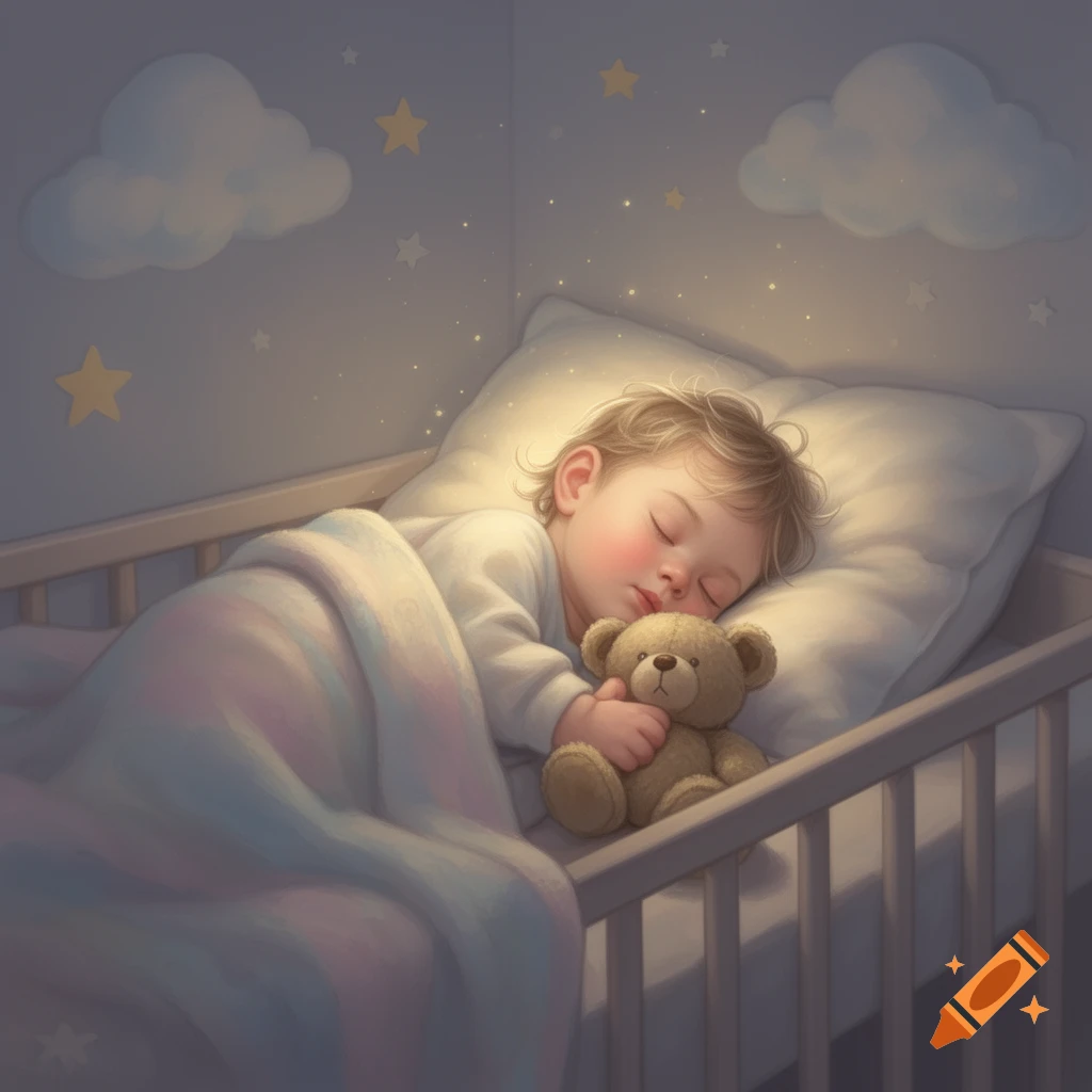 A cute baby with curly hair sleeps peacefully in a crib, holding a teddy bear. Stars and clouds decorate the wall.