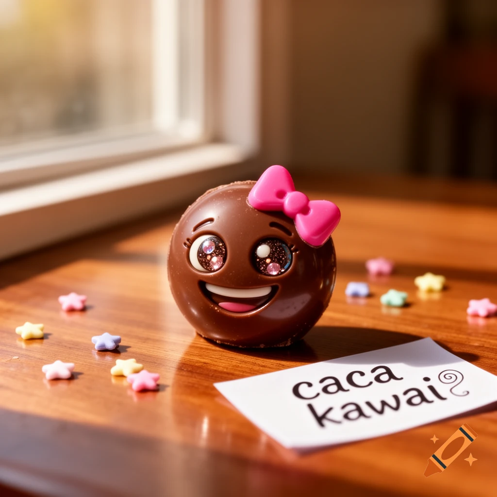 A cute, shiny brown emoji with a pink bow and sparkly eyes sits on a wooden table, surrounded by colorful star candies and a paper reading "caca kawai".