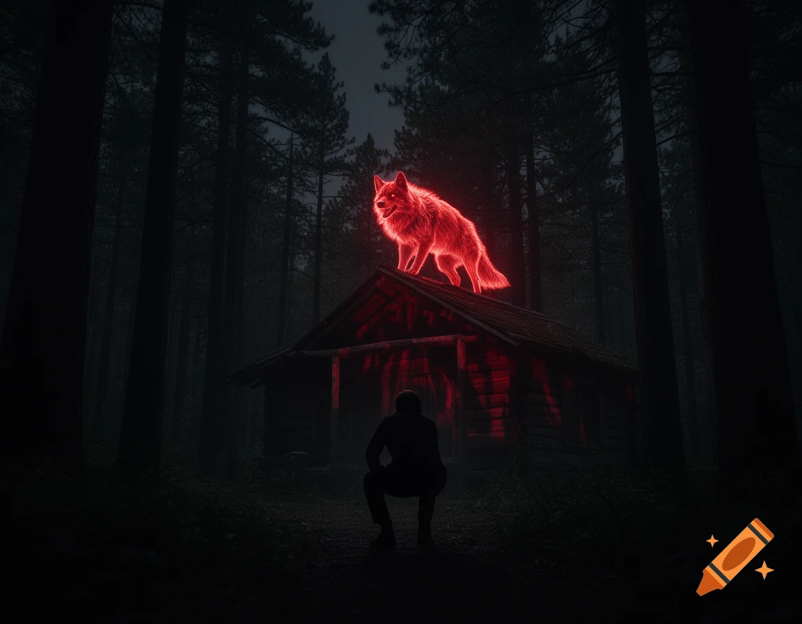 A person's silhouette looks up at a dark cabin with a glowing red wolf-like creature on its roof, surrounded by a dark forest.