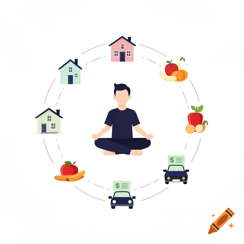 Flat illustration of a person meditating while icons of houses, cars, and food items orbit around them.