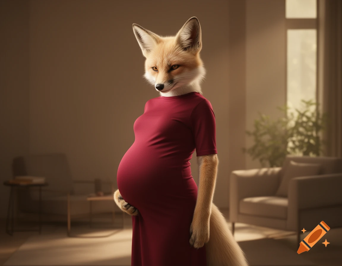 A pregnant anthropomorphic fox, resembling Renamon, wearing a tight red dress stands in a dimly lit room.
