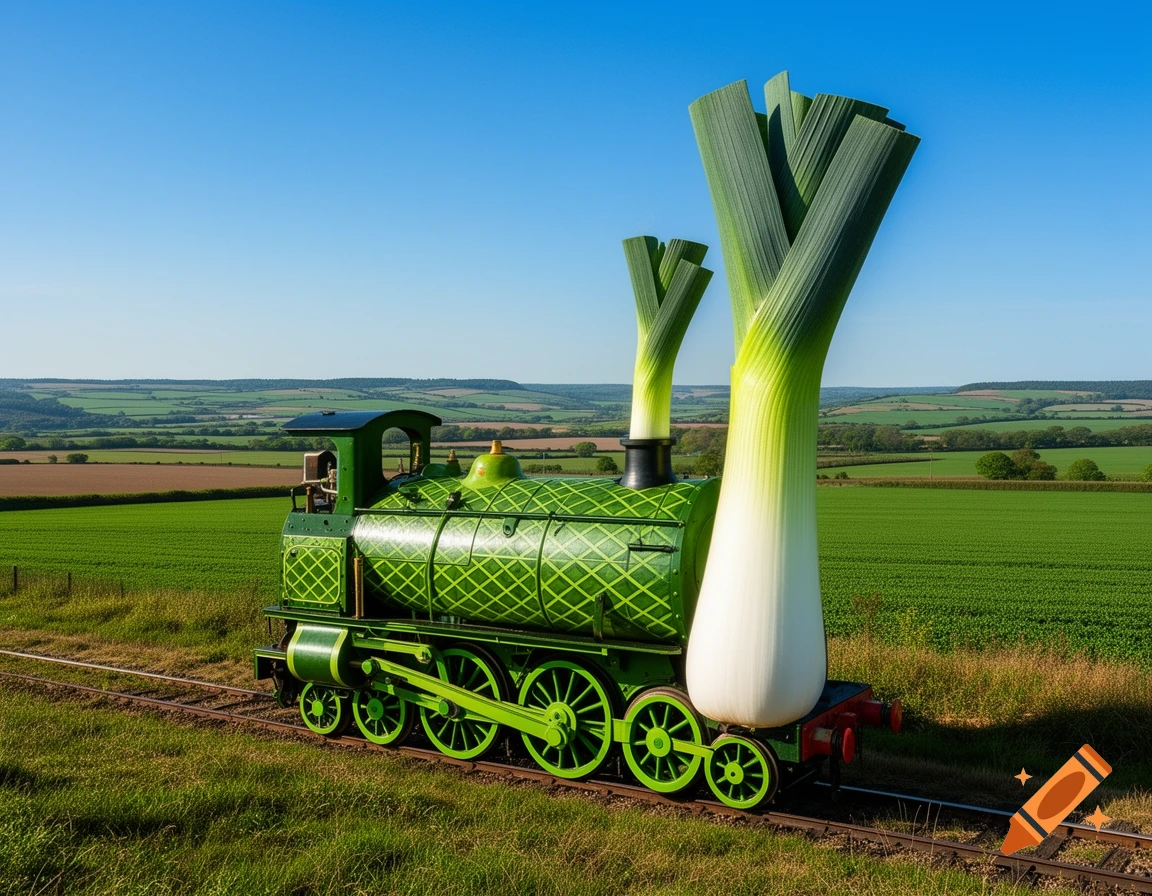 A vibrant green locomotive with giant leeks as smokestacks sits on train tracks in a lush, green field under a clear blue sky.