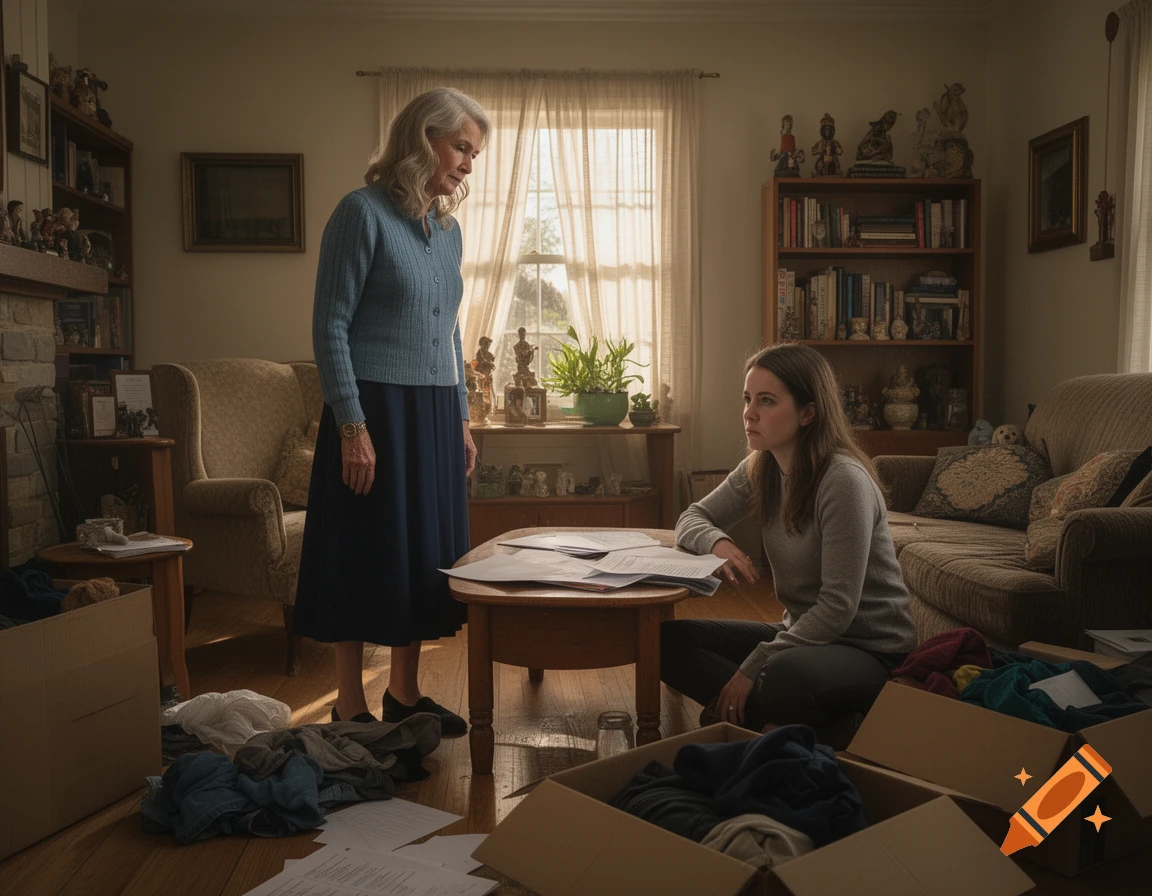 An older woman stands talking to a younger woman sitting on the floor amidst moving boxes and scattered papers in a cluttered living room.