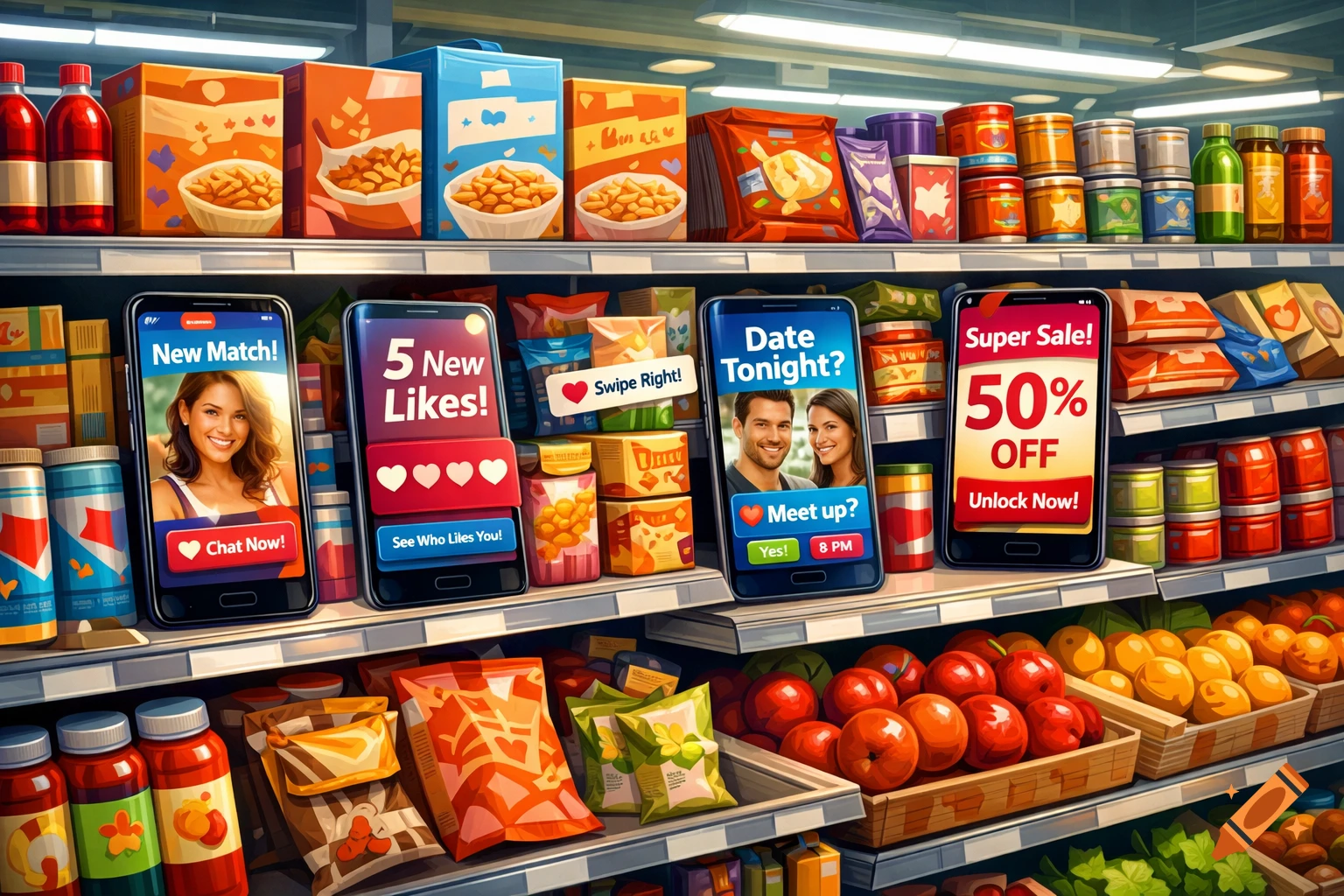 An editorial illustration of a grocery store shelf with various food products and four smartphones displaying dating app interfaces and a "Super Sale" ad.