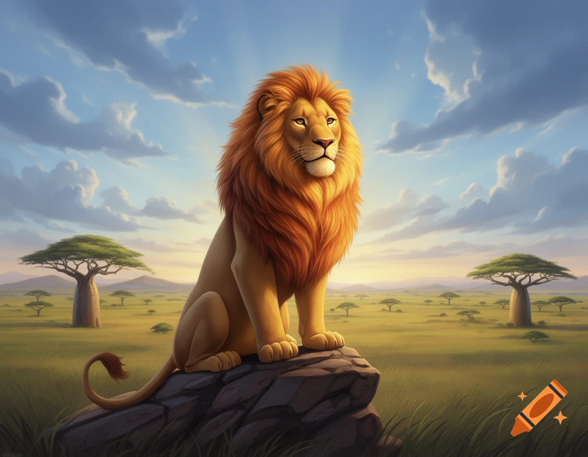 A majestic golden-maned lion sits proudly on a rock in a vast African savanna, bathed in the warm light of sunrise, with acacia trees and a cloudy sky.