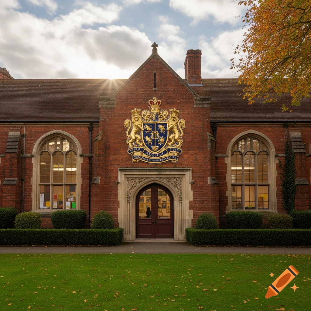 A grand, old English school building with a large golden and blue coat of arms over the main entrance, bathed in sunlight.
