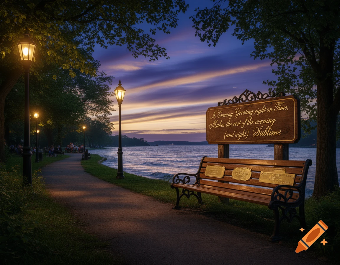 A tranquil dusk scene by a lake, with a path, glowing lampposts, and a bench displaying a poetic sign.