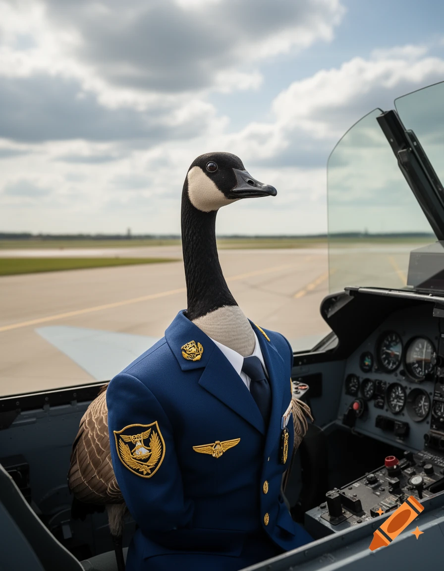 A Canada goose in a blue air force pilot uniform sits in the cockpit of a fighter jet on an airfield under a cloudy sky.