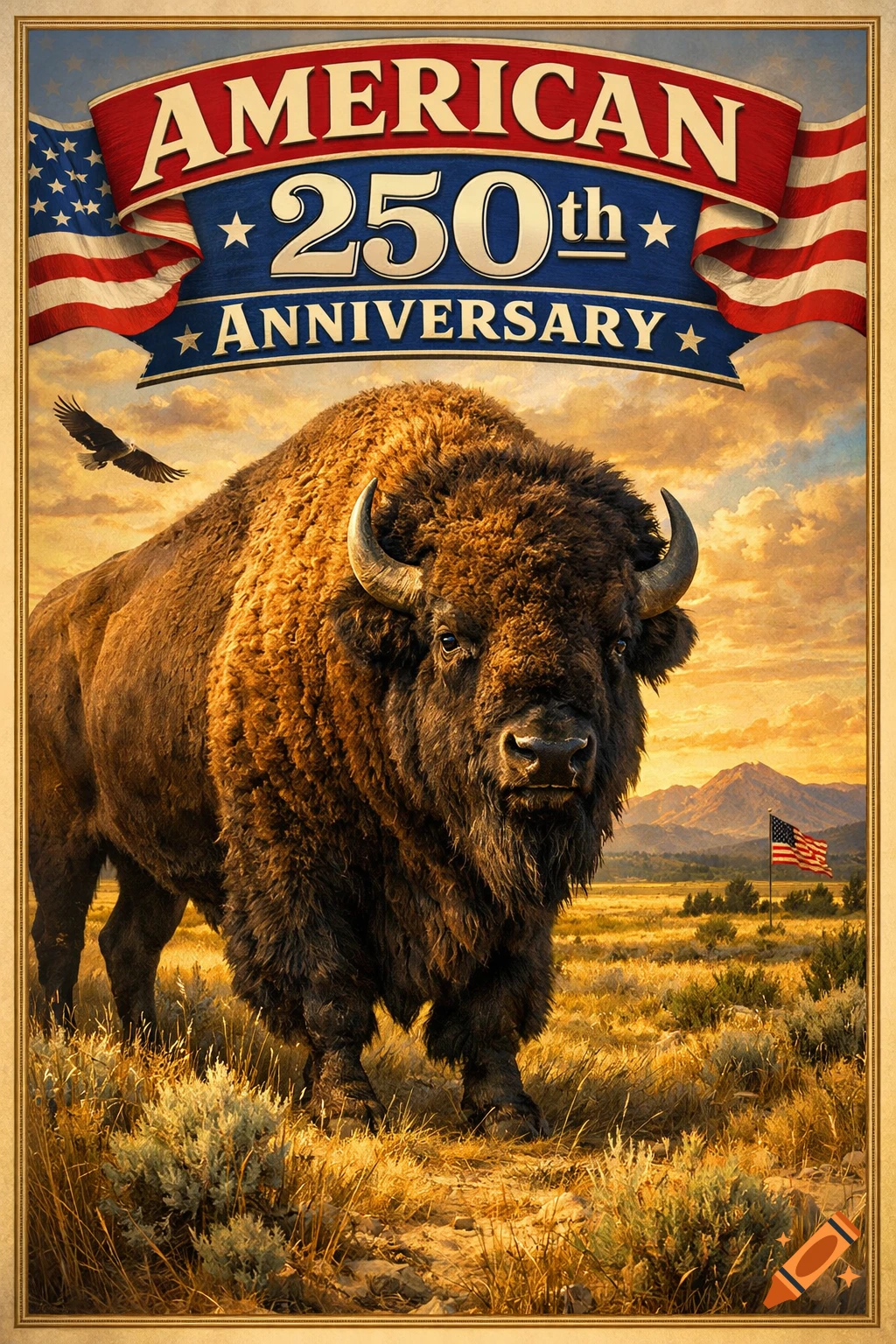 Painterly poster for American 250th Anniversary with a majestic buffalo, eagle, and American flag in a golden prairie.