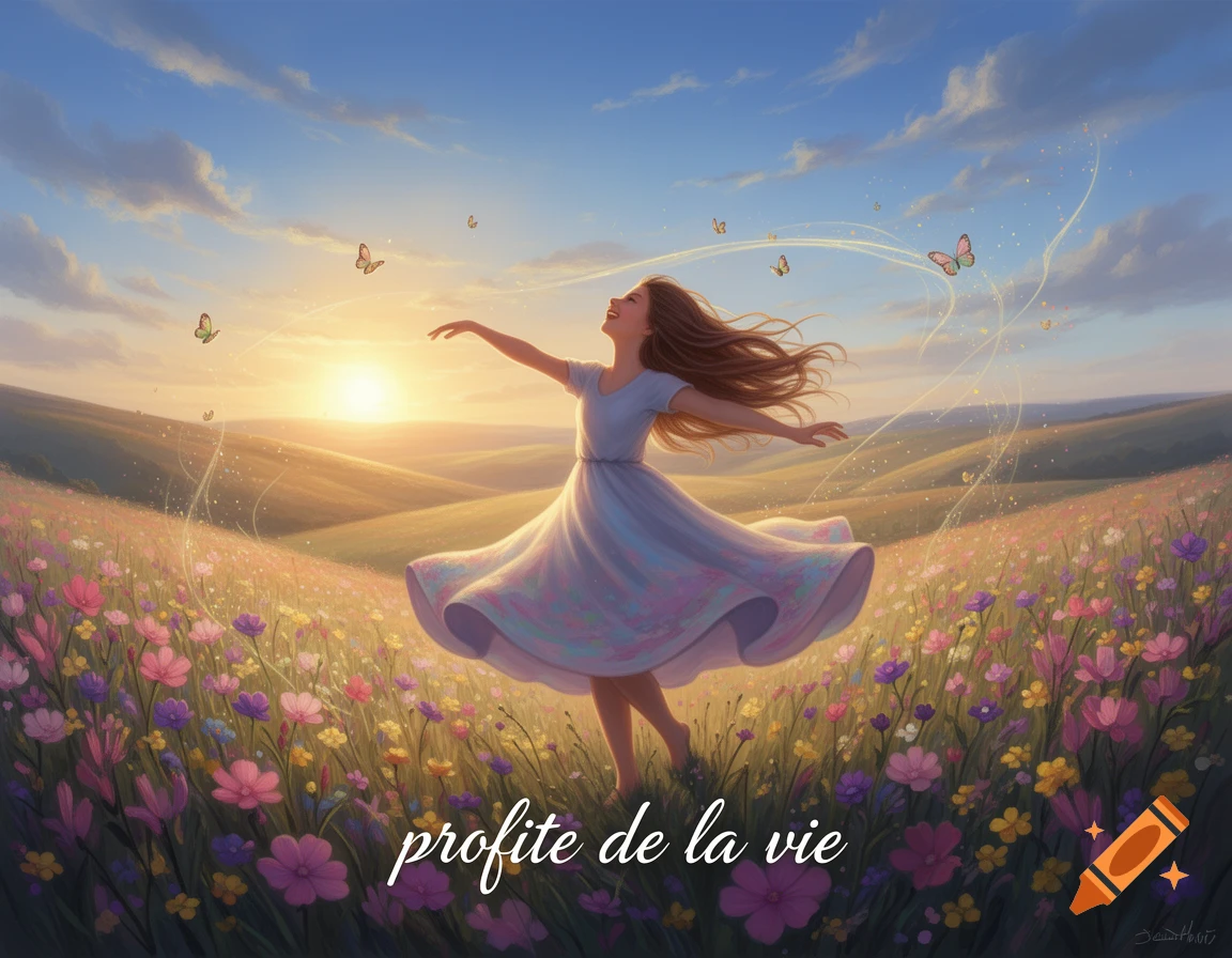 A smiling girl in a white dress dances joyfully in a vibrant flower field at sunset, with butterflies and glowing trails around her.