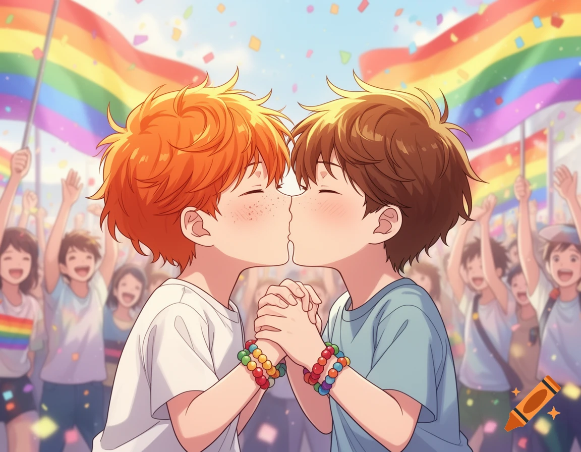 Anime illustration of two young boys, one ginger, one brown-haired, kissing at a joyful pride parade with rainbow flags and confetti.