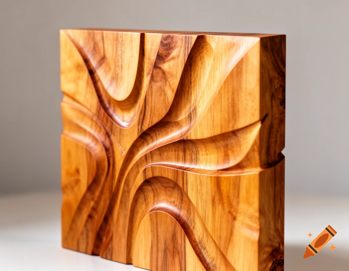 A close-up of a square wooden panel with abstract, wavy grooves carved into its surface, showcasing the warm wood grain.