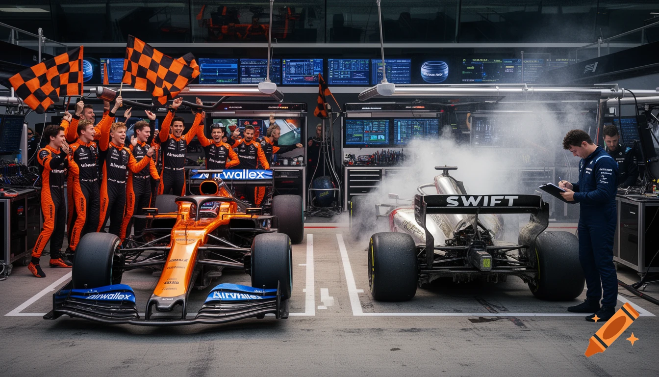 Photorealistic image of an F1 pit scene. A cheering crew with checkered flags stands by an orange Airwallex car, while a mechanic inspects a smoking silver SWIFT car.