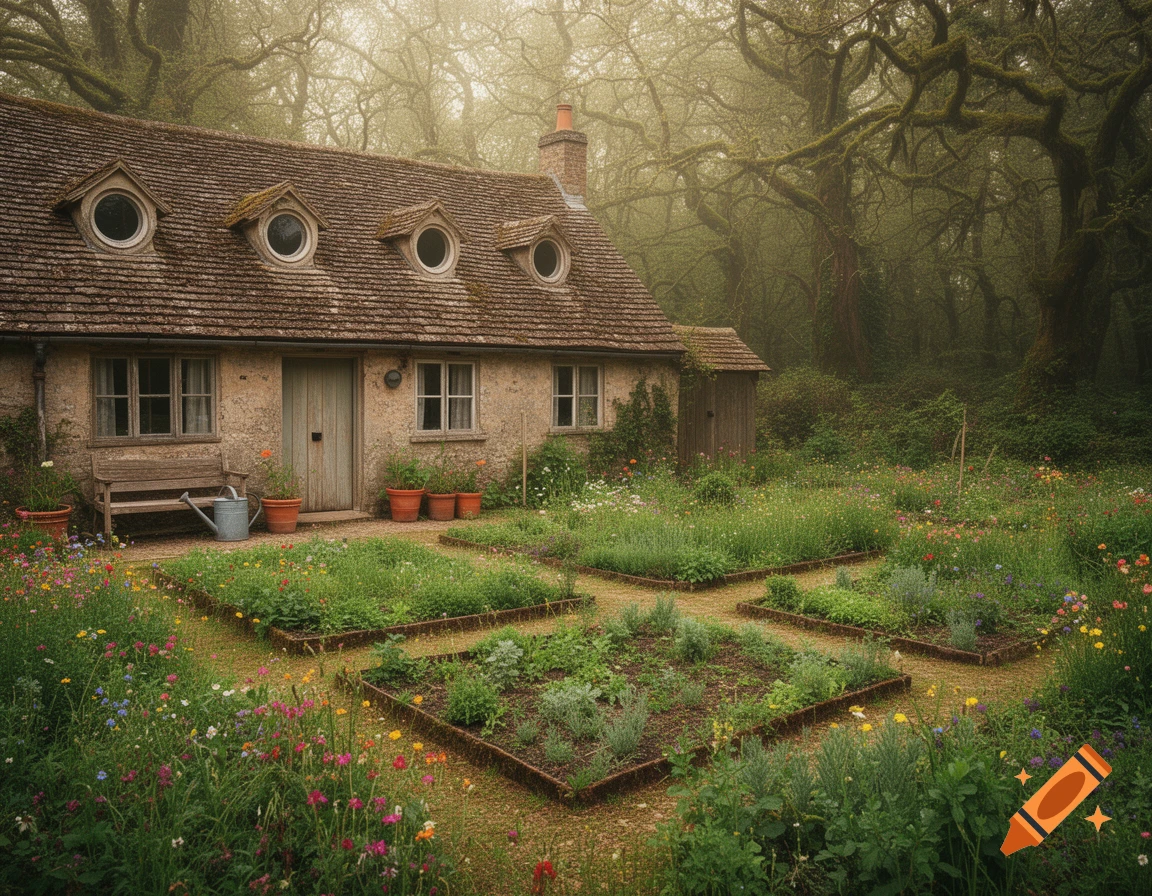 A rustic English cottage with a wild flower garden in front of a mossy forest, bathed in soft, foggy light, photorealistic.