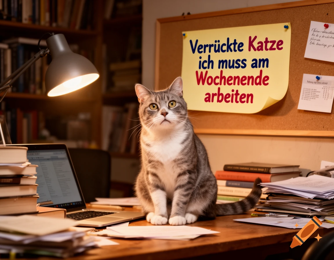 A photorealistic tabby cat sits on a wooden desk next to a laptop, books, and a lamp, with a yellow note on a corkboard.