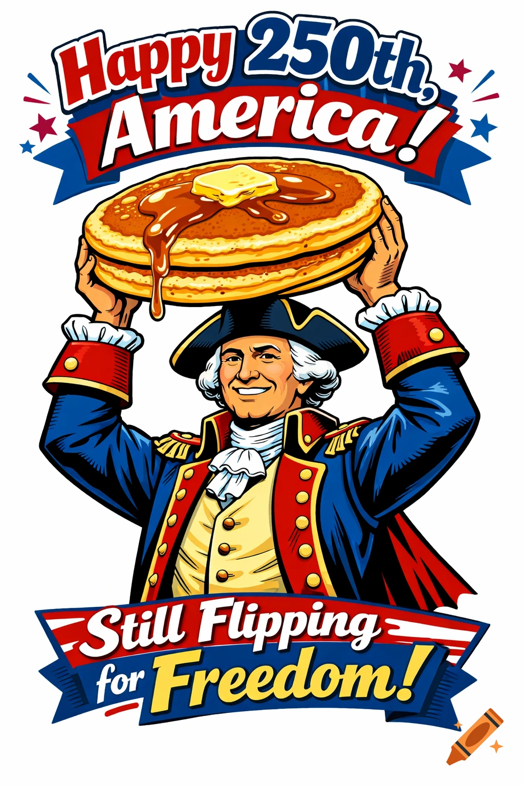 Cartoon of George Washington holding a stack of pancakes, with patriotic text "Happy 250th, America! Still Flipping for Freedom!"