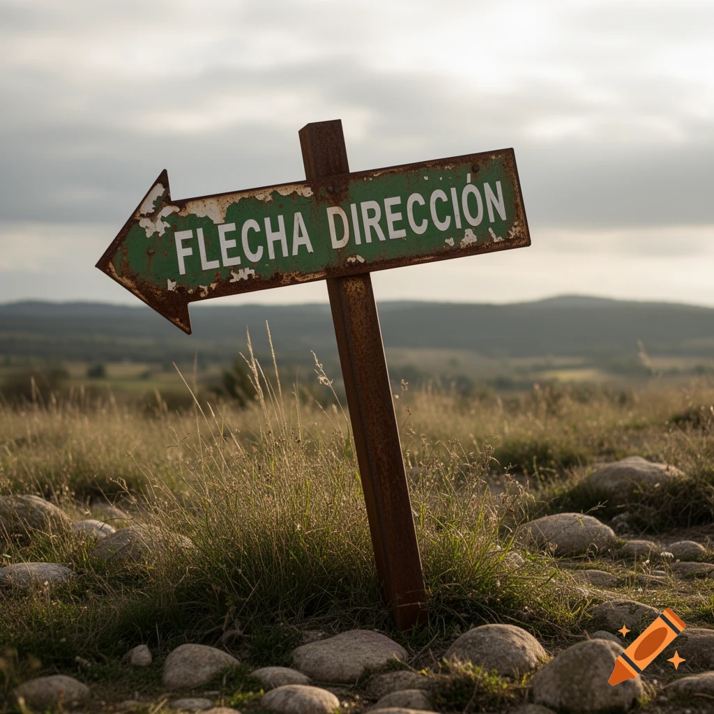 A rusty green arrow sign with "FLECHA DIRECCIÓN" points left in a grassy field with hills under a cloudy sky.