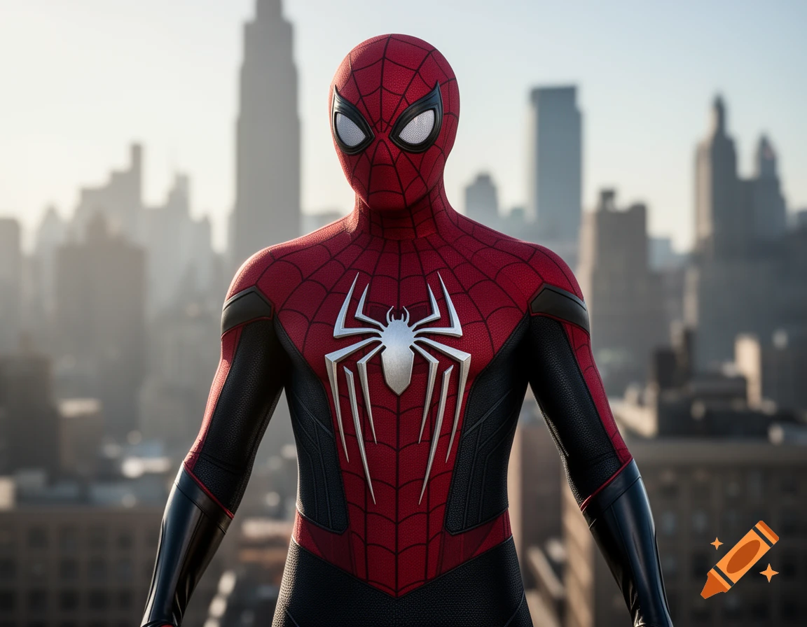 A photorealistic close-up of Spider-Man's upper body in a red and black suit with a white spider emblem, against a blurred city skyline.