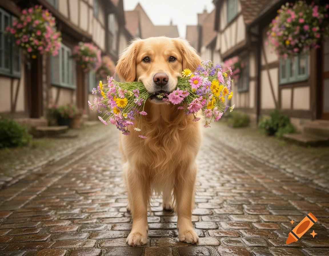 Photorealistic golden retriever dog holds a bouquet of pink and yellow flowers in its mouth, standing on a wet cobblestone street in a charming village.