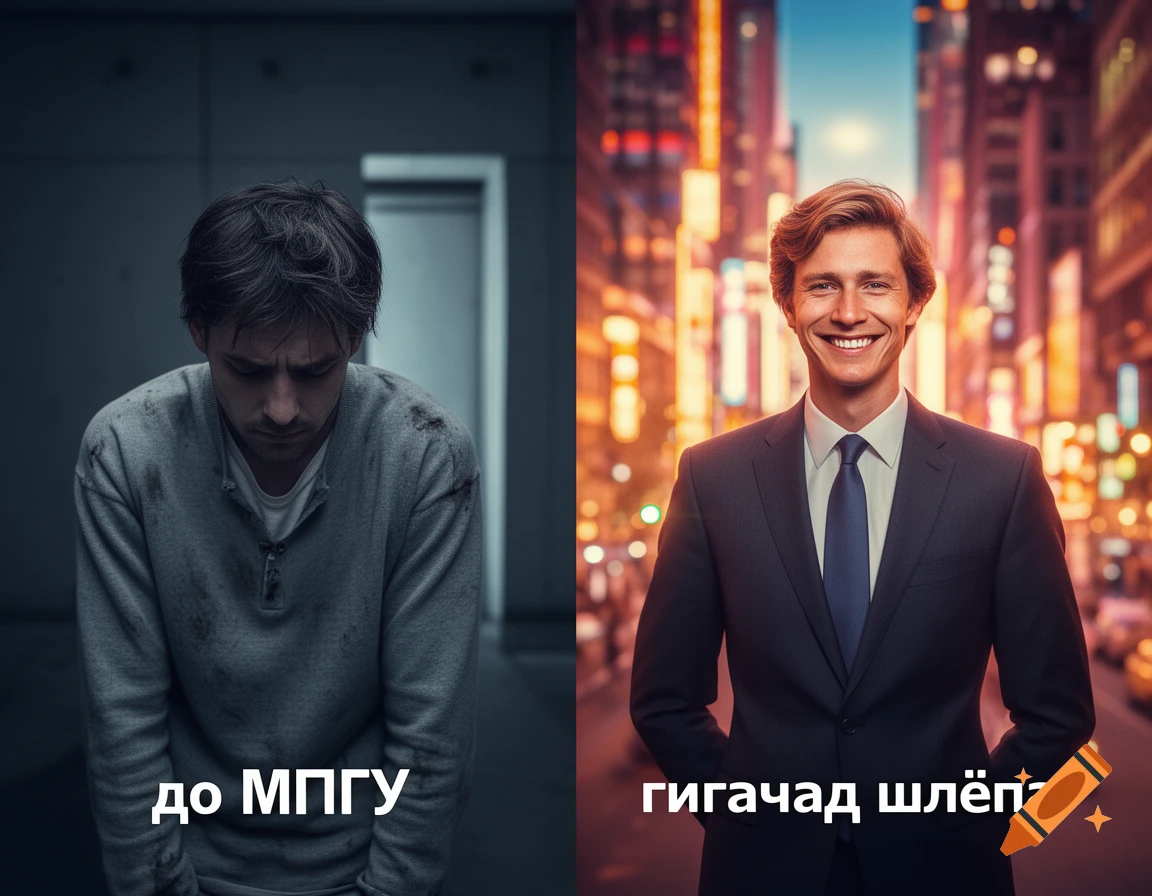 Split image showing a sad, disheveled man in a dark room and a smiling businessman in a city street, with Russian text.