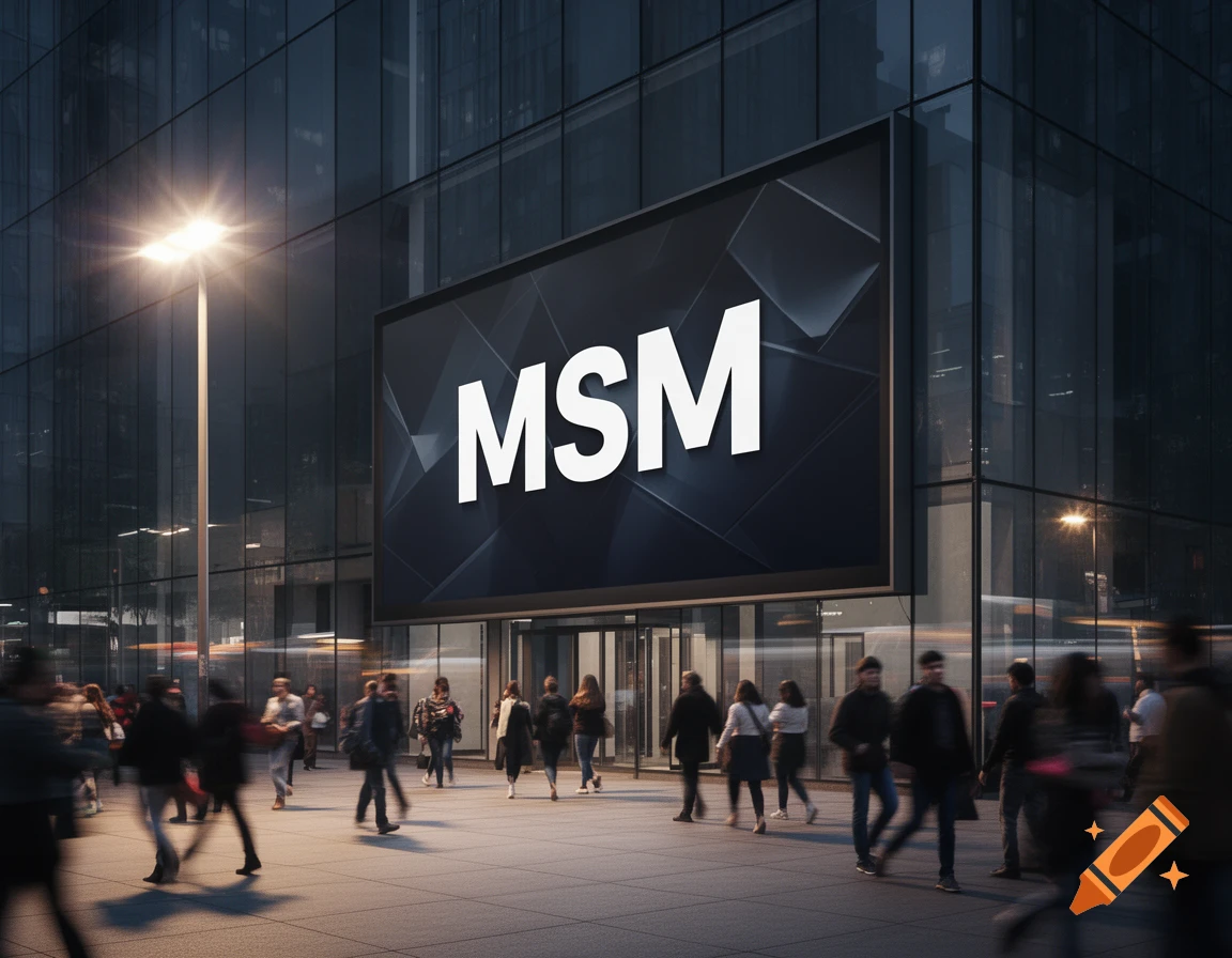 A large digital billboard displaying 'MSM' on a modern glass building at dusk, with blurred pedestrians walking below.
