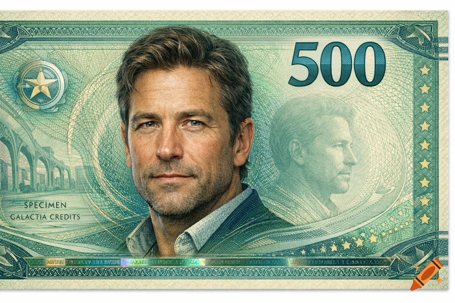 A photorealistic green 500 Galactia Credits banknote featuring a portrait of a man with short brown hair.