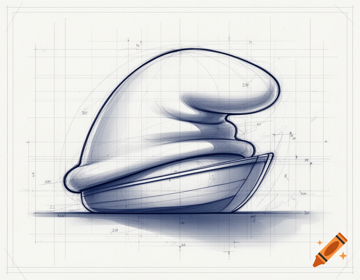 Blueprint illustration of a boat hull shaped like a Smurf hat, with grid lines and technical markings.