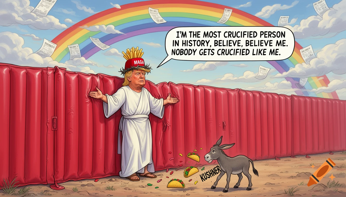 Cartoon of Donald Trump dressed as Jesus, with a MAGA hat crown made of fries, affixed to a red inflatable wall. A donkey labeled 'Kushner' throws tacos at him. A rainbow and cloud-like tax receipts are in the sky. Trump speaks from a bubble: "I'm the most crucified person in history, believe me. Nobody gets crucified like me."
