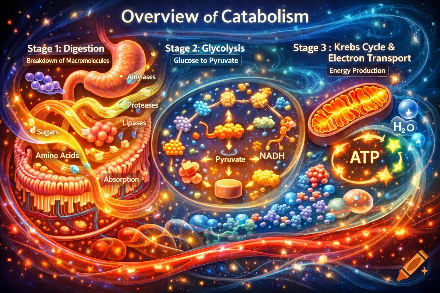 Detailed, vibrant illustration of cellular catabolism, showing digestion, glycolysis, Krebs cycle, and electron transport with labeled molecules and organs.