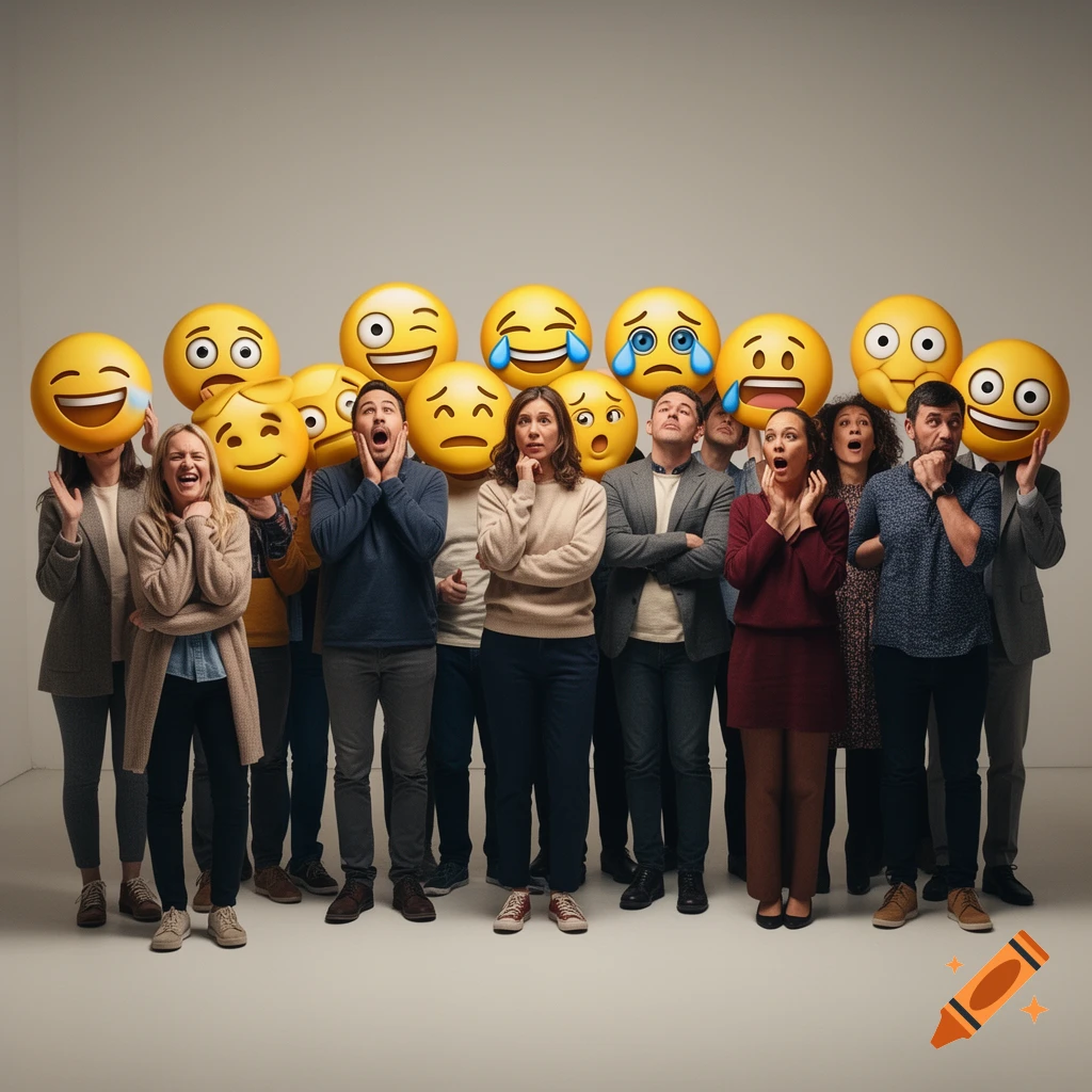 A diverse group of people, some with emoji heads, others showing expressions of shock and laughter, in a photorealistic studio.