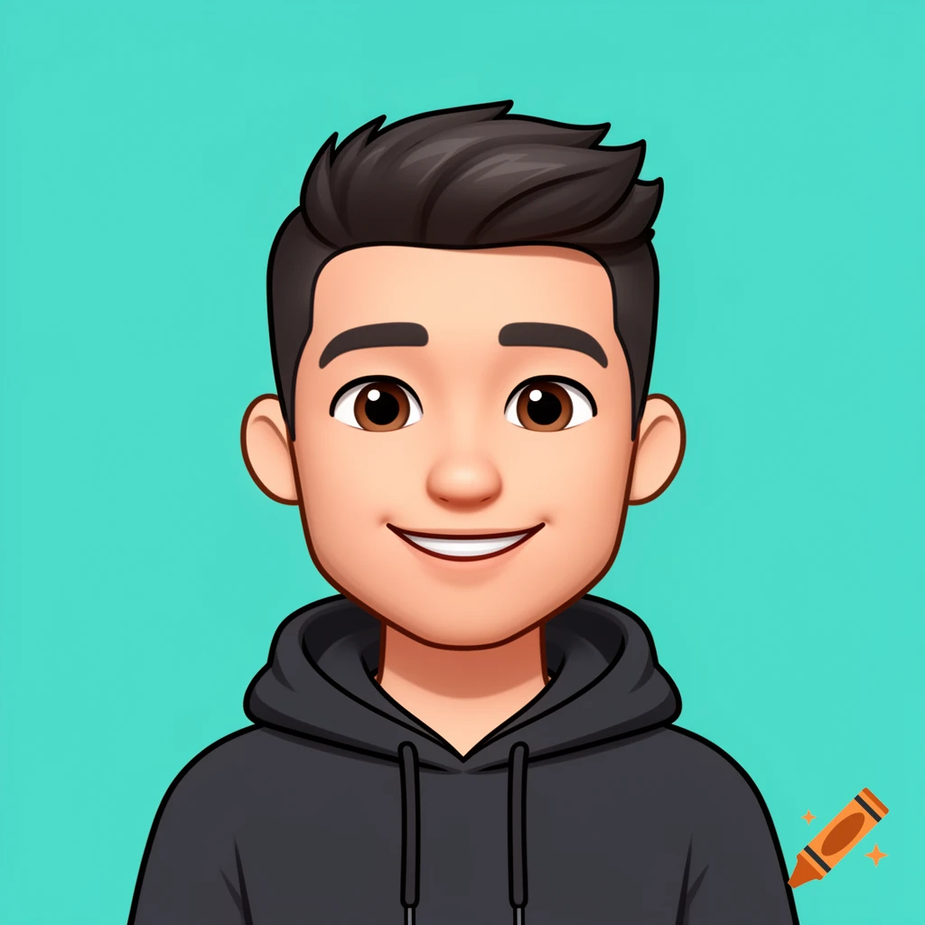 A cartoon avatar of a young man with short dark hair and a friendly smile, wearing a dark hoodie, on a teal background. Memoji style digital art.