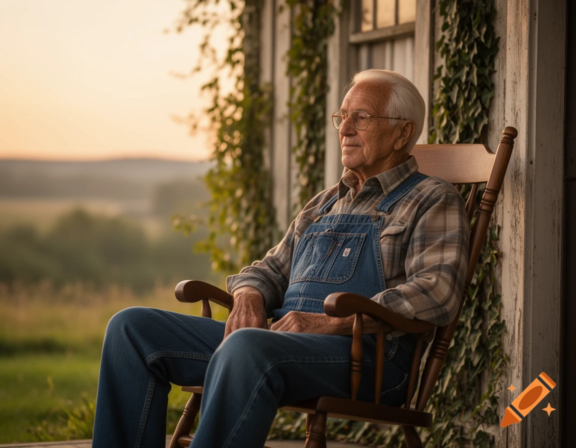 An elderly man in overalls and a plaid shirt sits in a rocking chair on a porch, looking out at a hazy, green landscape at sunset.