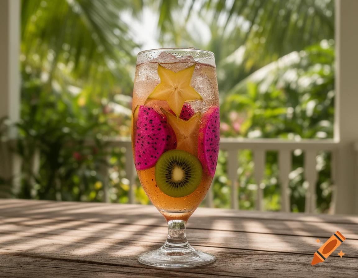 A refreshing glass of iced tea with dragon fruit, star fruit, and kiwi slices on a wooden table in a tropical setting.