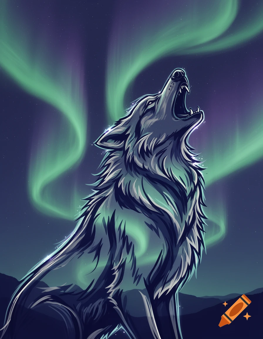 A stylized illustration of a howling wolf against a dark, starry sky illuminated by vibrant green and purple aurora borealis.