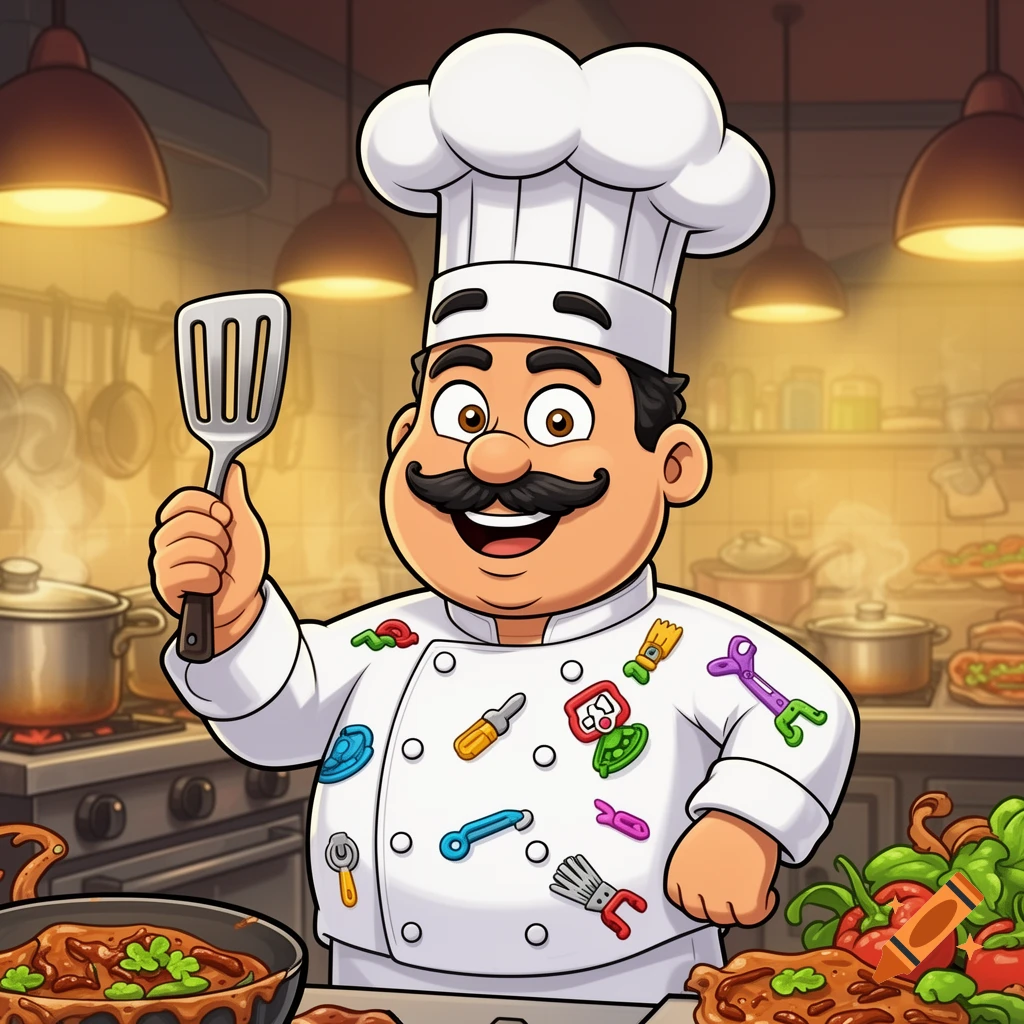 A smiling cartoon chef with a mustache and a white hat holds a spatula in a kitchen, surrounded by cooking items.