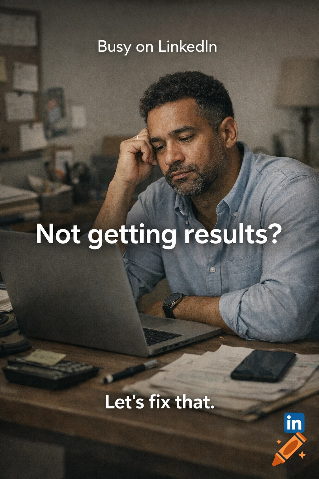 A frustrated man sits at a desk with an open laptop, papers, and a phone, with text about LinkedIn results.