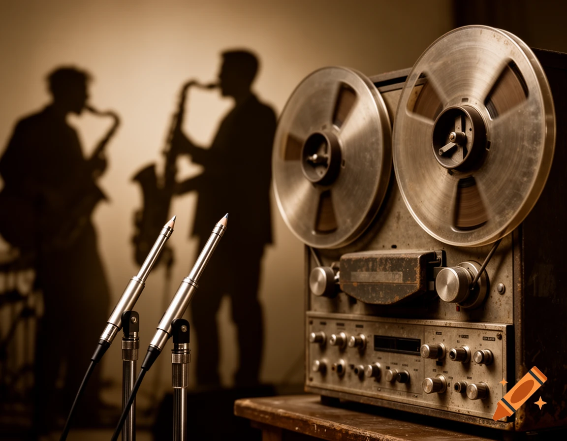 A vintage reel-to-reel tape recorder and two pencil microphones in the foreground, with blurred jazz musician silhouettes in the background.