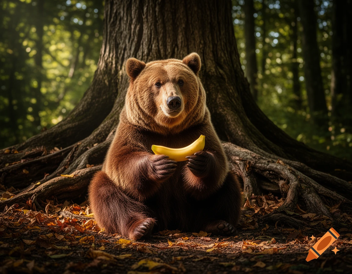 A photorealistic brown bear sits among autumn leaves at the base of a large tree, holding a yellow banana.